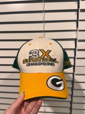 Vintage Reebok Green Bay Packers 3X Super Bowl Champions Yellow Green White Hat